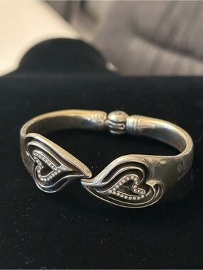 Brighton Double Heart Rhinestone Clamper Bracelet in a silver-plated finish